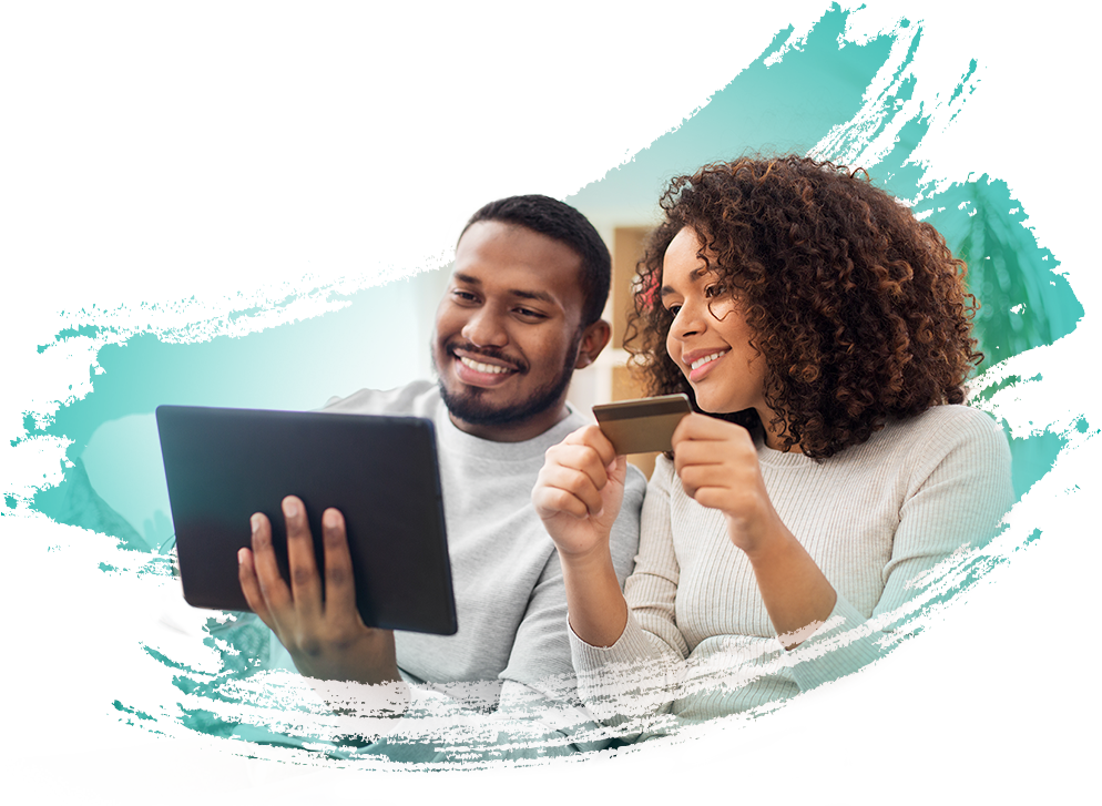 A man and woman entering credit card information into a tablet